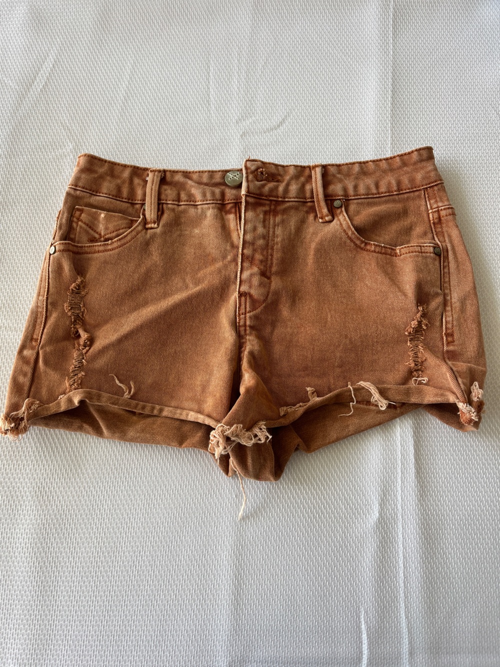 Rust Brown/Orange Distressed Denim Shorts